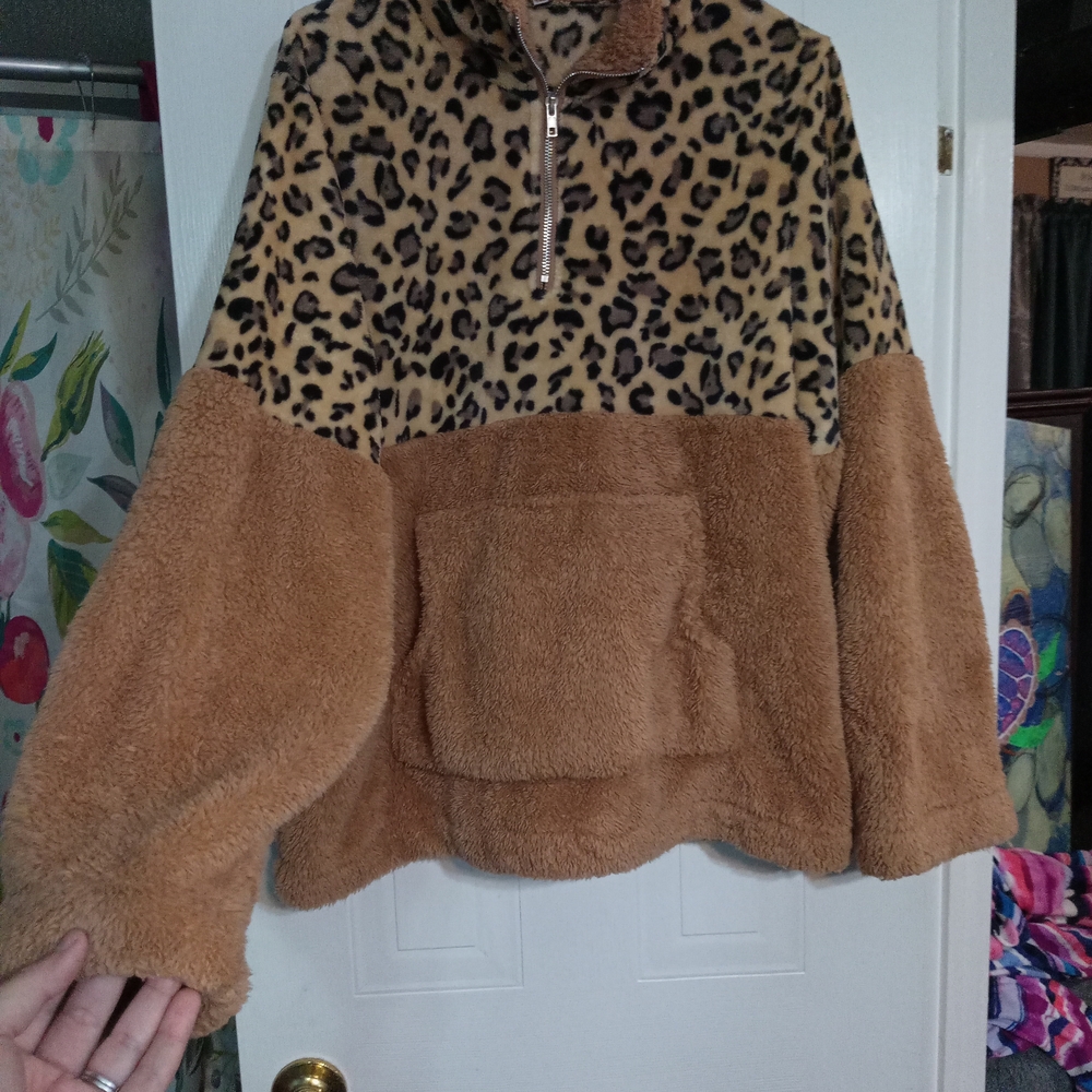 Leopard Print and Tan Fleece Women Sweater